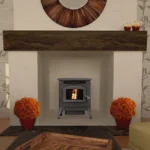 stove in old fireplace stone surround